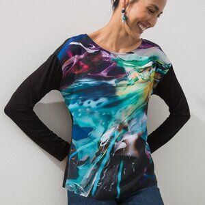 Chicos 3 Touch of Cool Watercolor Knit Woven Top Size XL Black